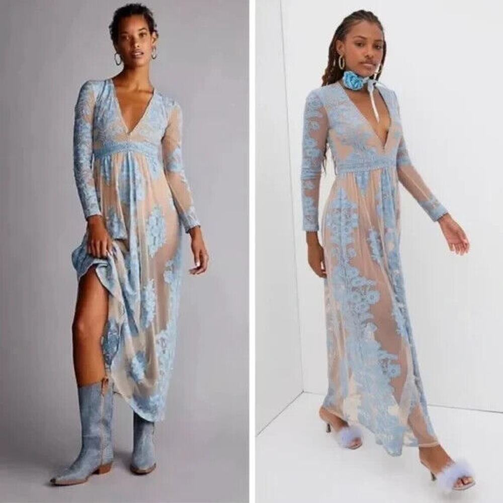 NEW For Love & Lemons Temecula Maxi Dress in Rainsong Light Blue Size XS